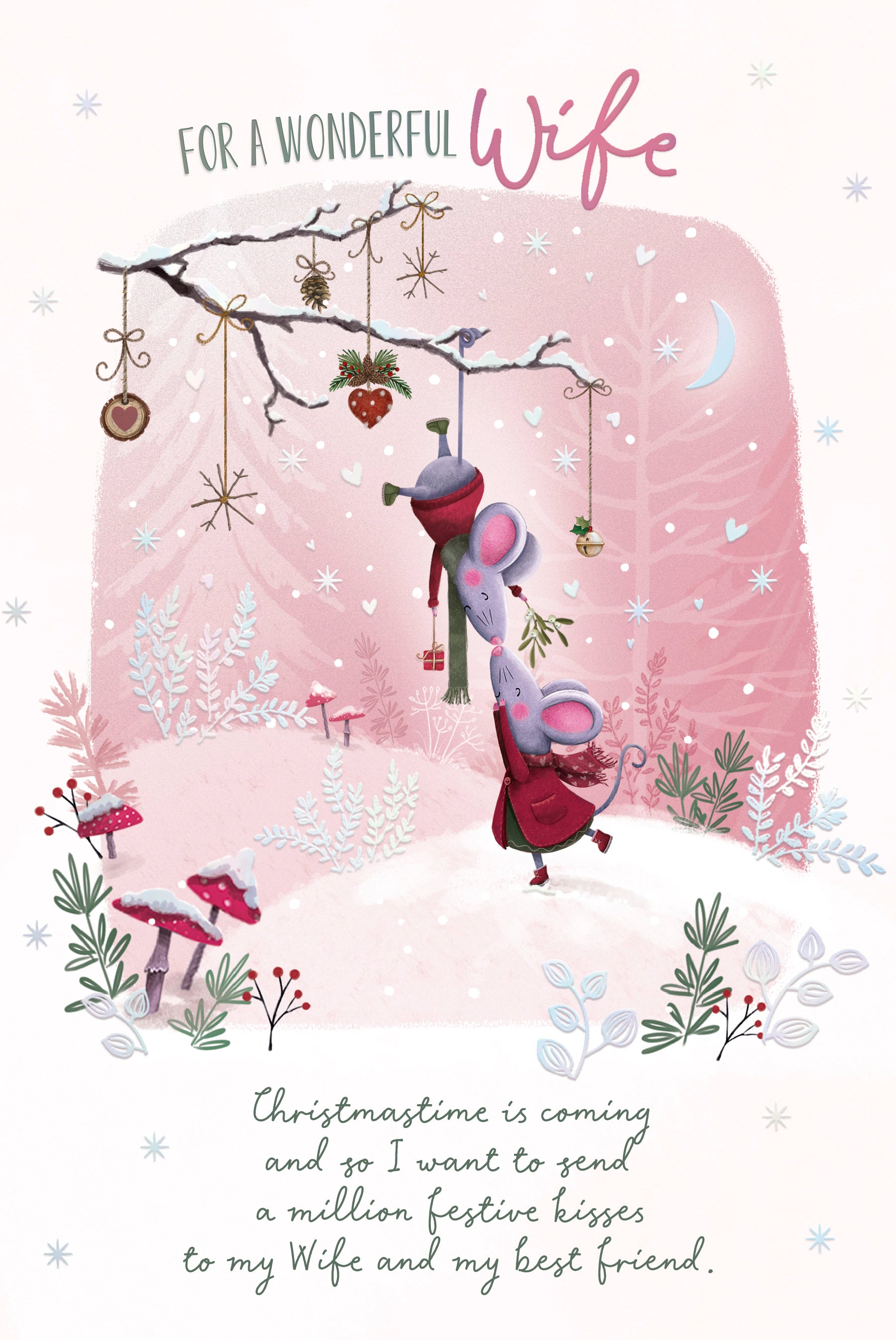 Luxury Christmas Card To A Wonderful Wife, Featuring Two Mice Kissing In The Snow - Wishing Well Studios, 6 x 9 Inches