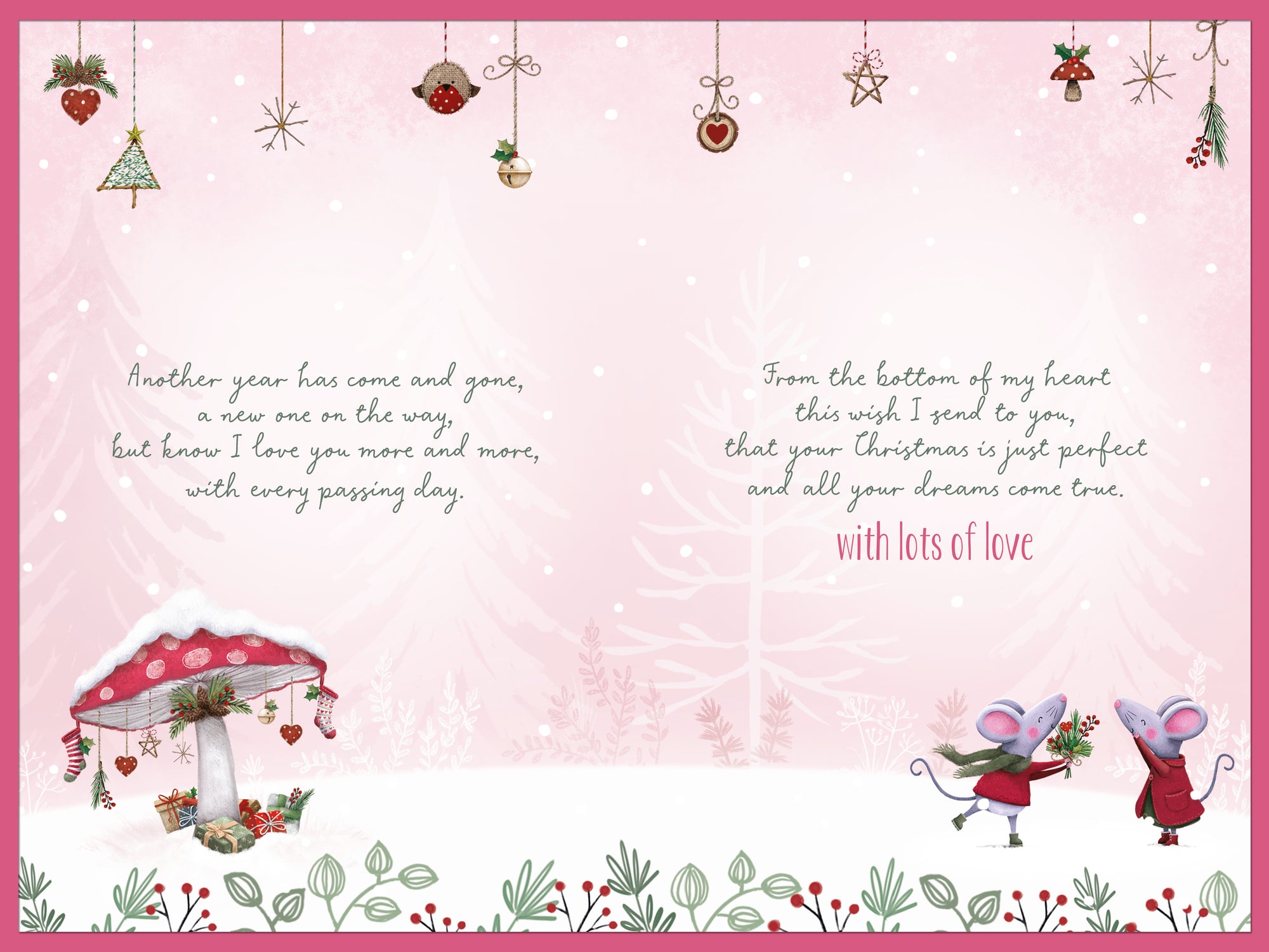 Luxury Christmas Card To A Wonderful Wife, Featuring Two Mice Kissing In The Snow - Wishing Well Studios, 6 x 9 Inches