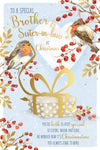 Luxury Christmas Card To A Special Brother Aand Sister-In-Law, Featuring Two Robins With A Christmas Present - Wishing Well Studios 15.2 x 22.8 cm