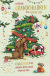 Luxury Christmas Card To Special Grandchildren, Animals Playing Around A Christmas Tree, by Wishing Well Studios 6 x 9 Inches