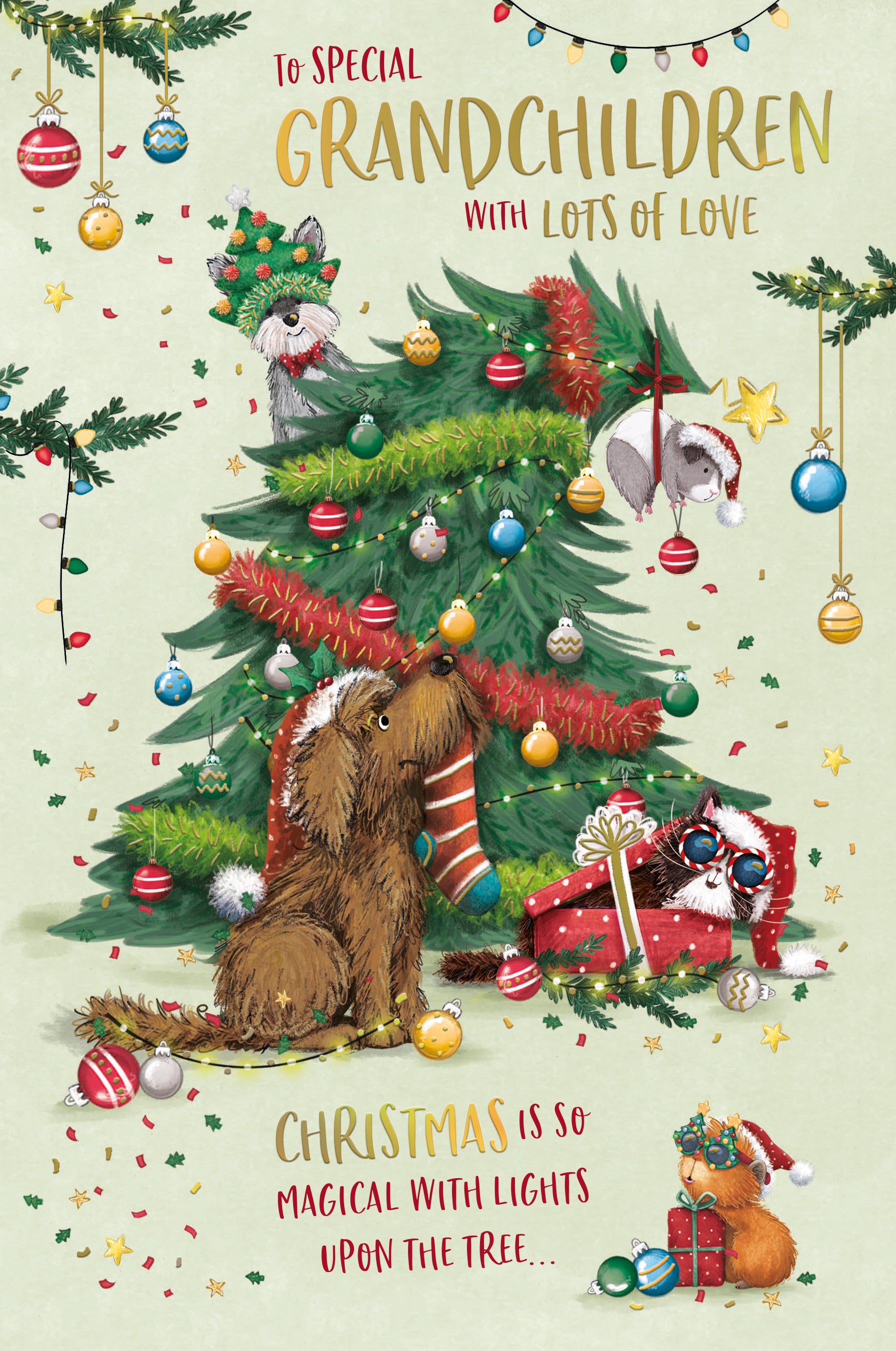 Luxury Christmas Card To Special Grandchildren, Animals Playing Around A Christmas Tree, by Wishing Well Studios 6 x 9 Inches