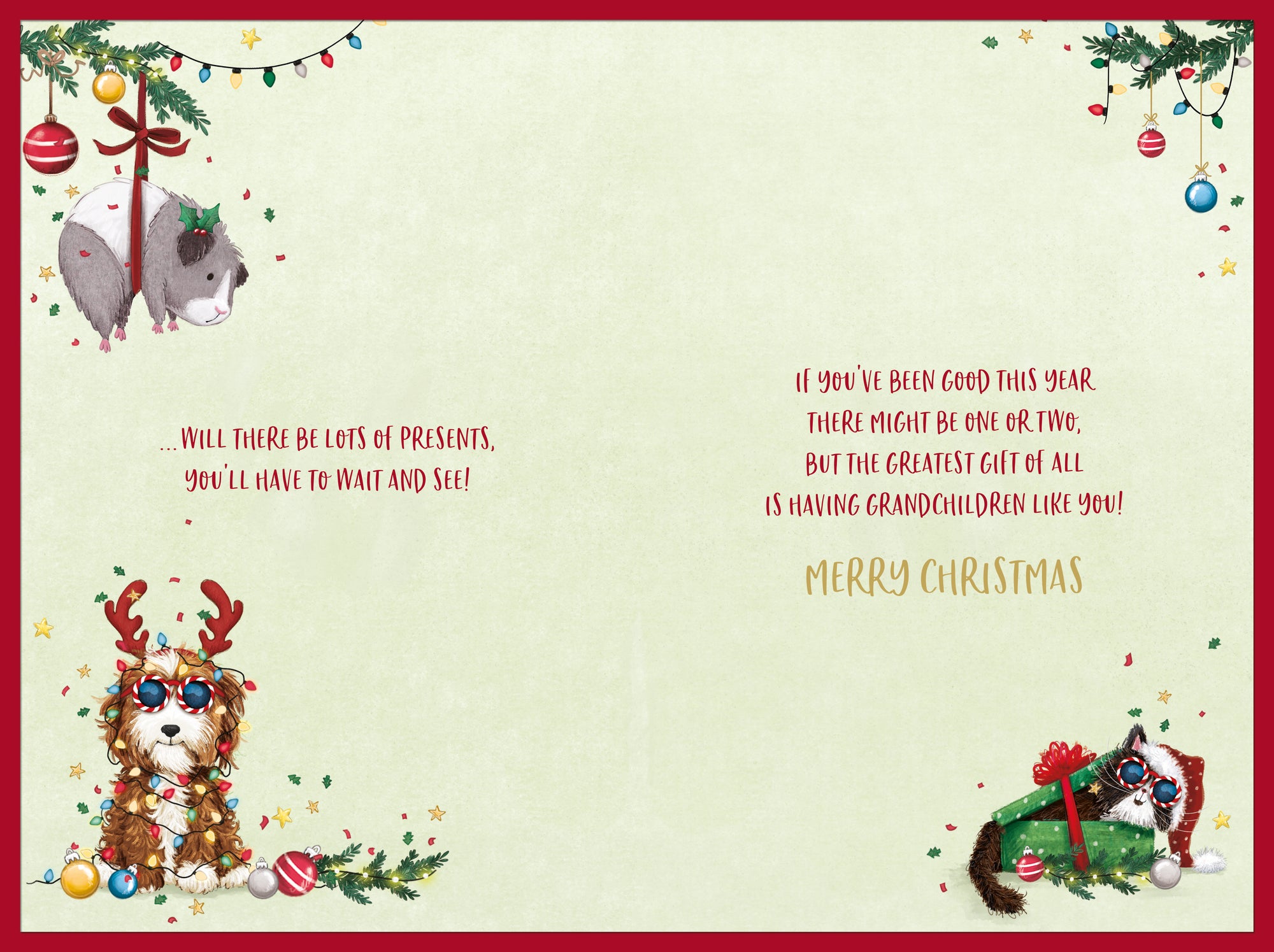 Luxury Christmas Card To Special Grandchildren, Animals Playing Around A Christmas Tree, by Wishing Well Studios 6 x 9 Inches
