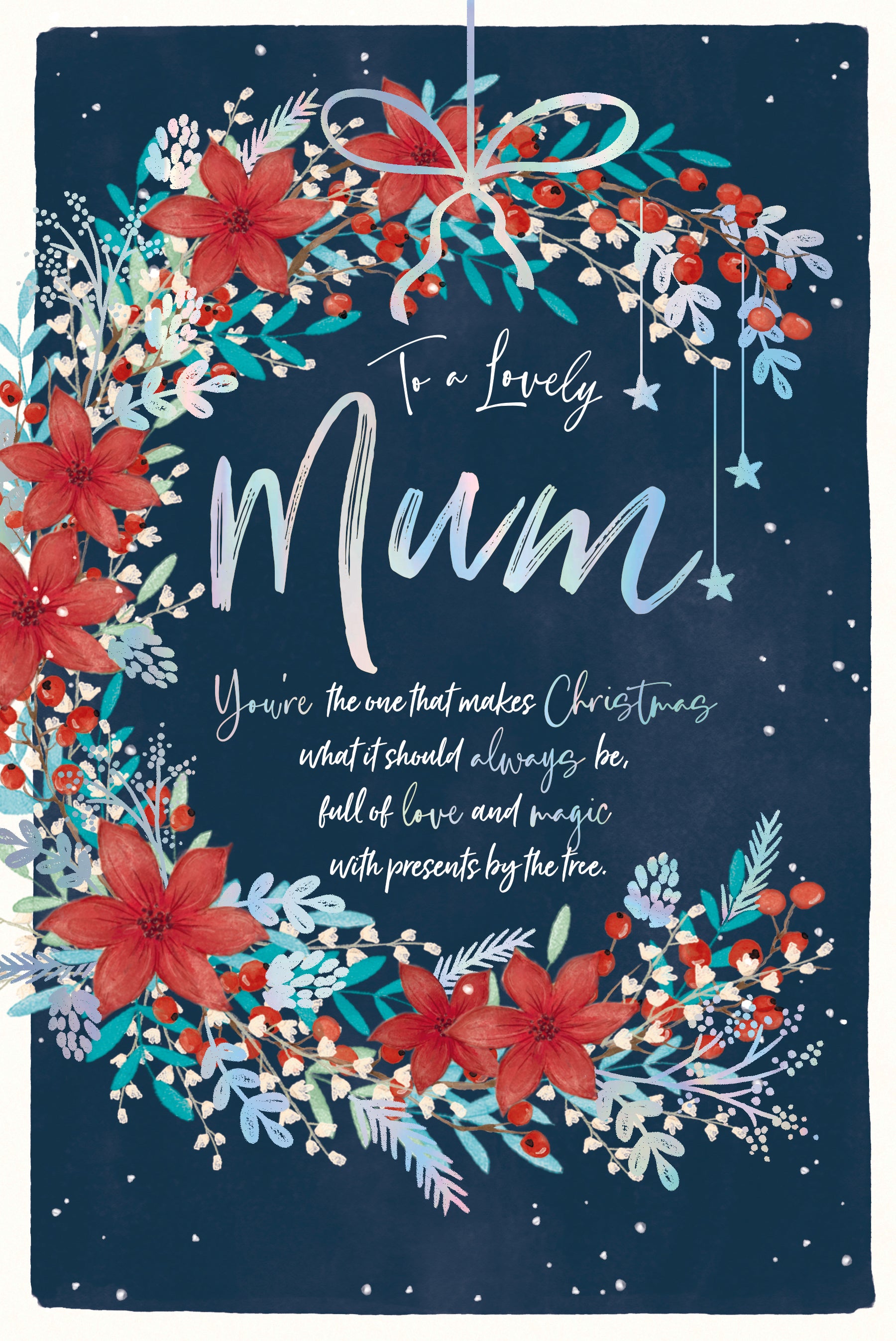 Wishing Well Studios Luxury Christmas Card To A Lovely Mum, With A Poinsettia Wreath, 6 x 9 Inches