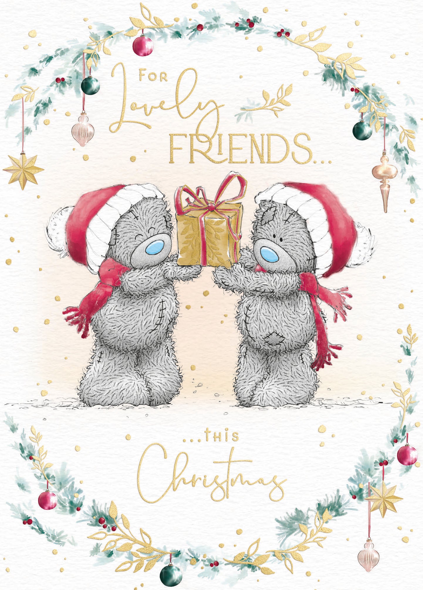 Me to You Tatty Teddy Christmas Card For Lovely Friends, Two Tatty Teddy Bears Sharing A Gift In Santa Hats, 5 x 7 Inches - Official Collection