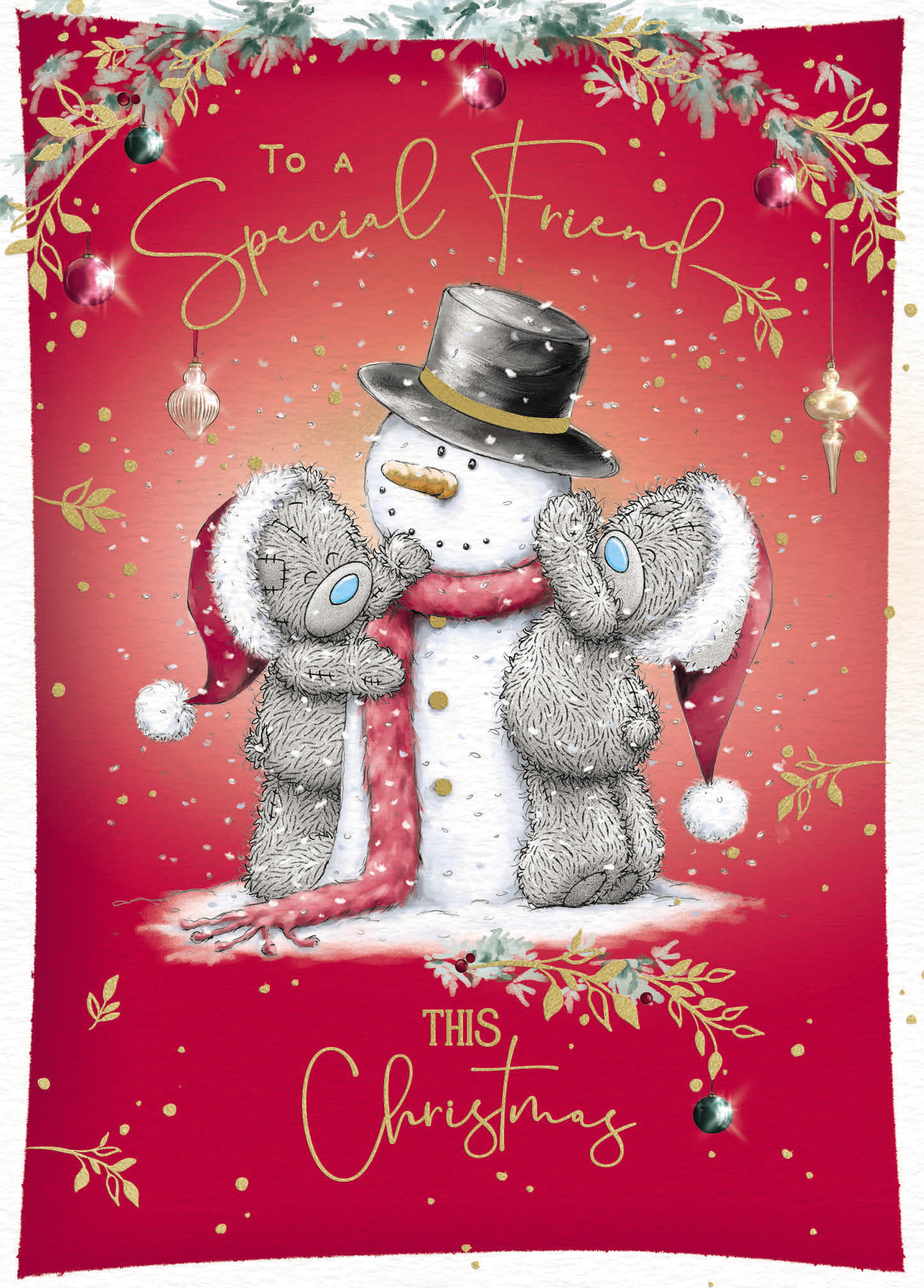 Me to You Tatty Teddy Christmas Card To A Special Friend, Two Tatty Teddy Bears Standing With A A Snowman, 5 x 7 Inches - Official Collection
