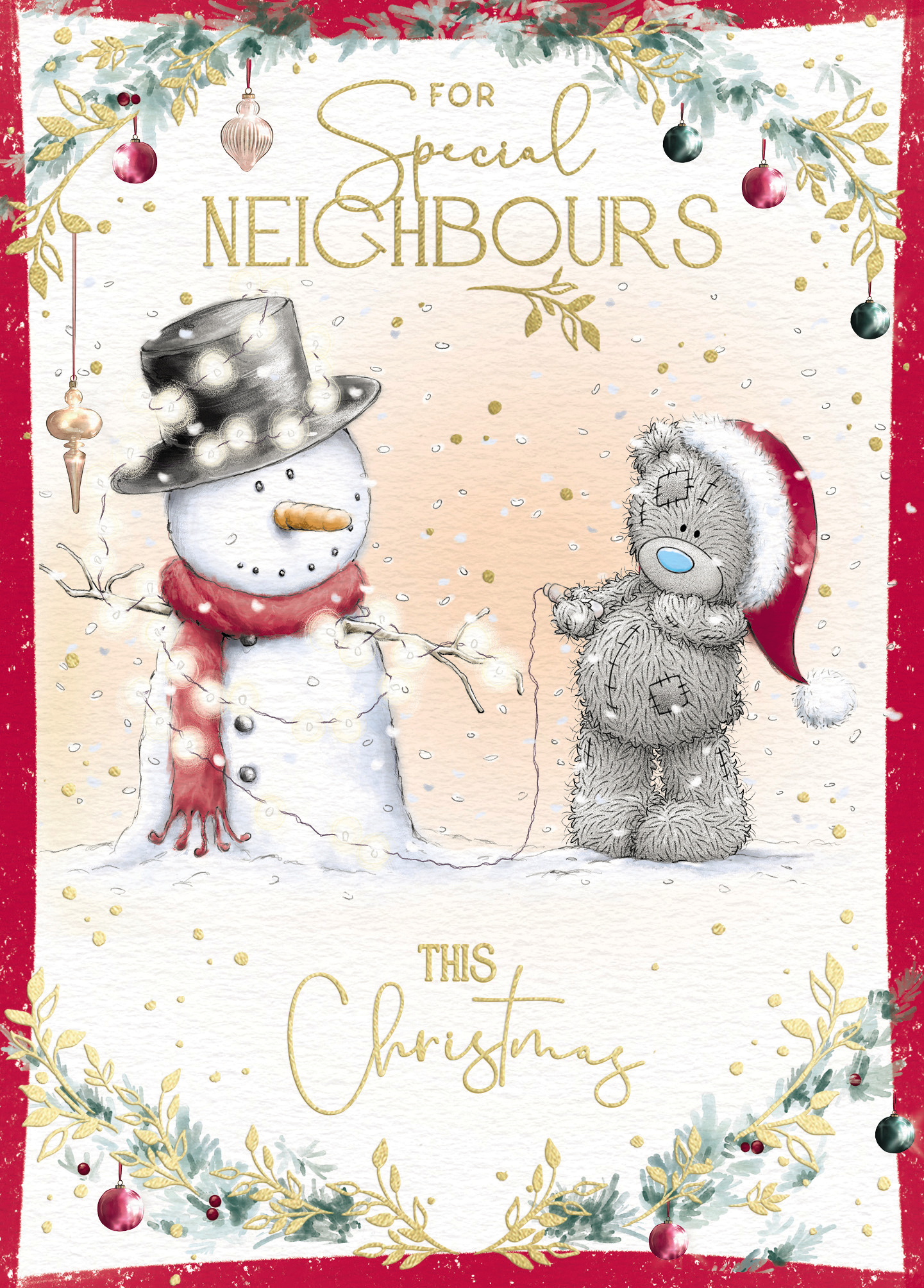 Me to You Tatty Teddy Christmas Card For Special Neighbours, Tatty Teddy Next To A Snowman In A Top Hat, 5 x 7 Inches - Official Collection