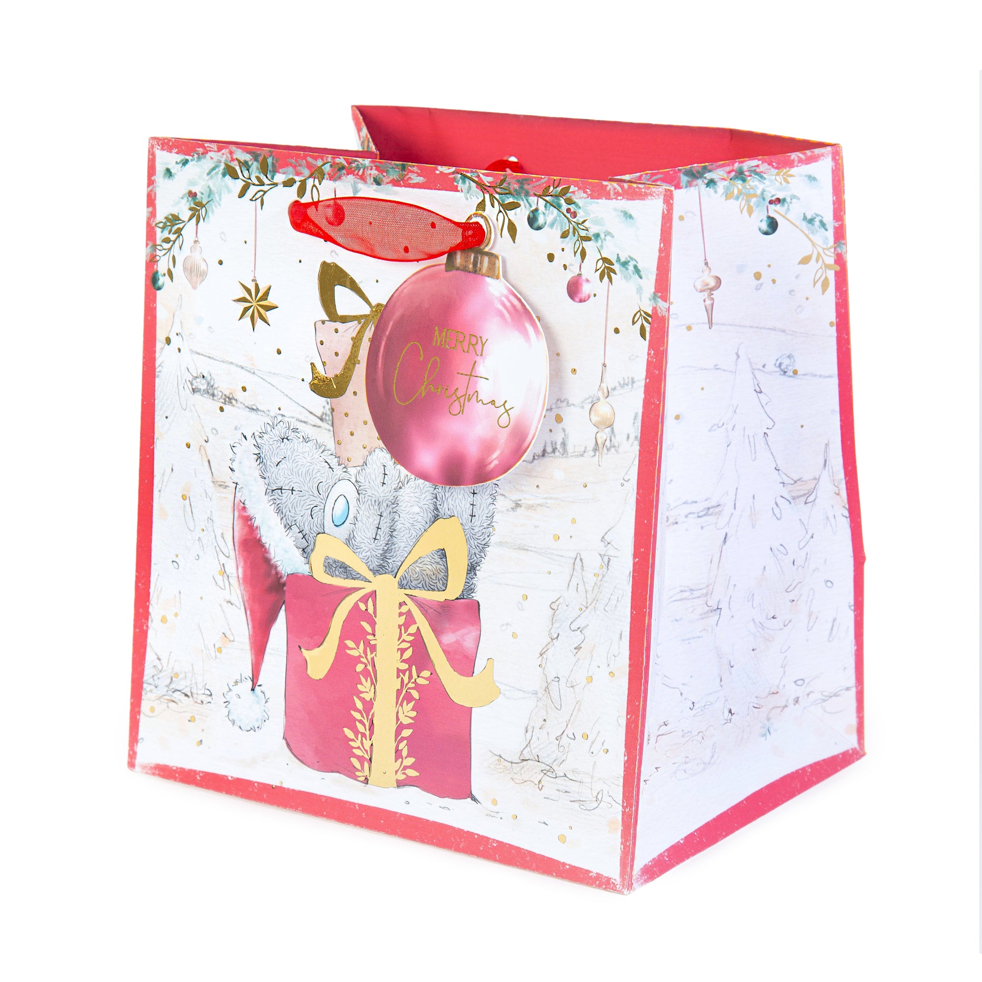 Me To You Tatty Teddy Christmas Small-Sized Gift Bag, With Large Bauble Gift Tag, Featuring Tatty Teddy Bear With Peeks Out From A Beautifully Wrapped Pink Present 15.5 x 16.5 cm - Official Collection
