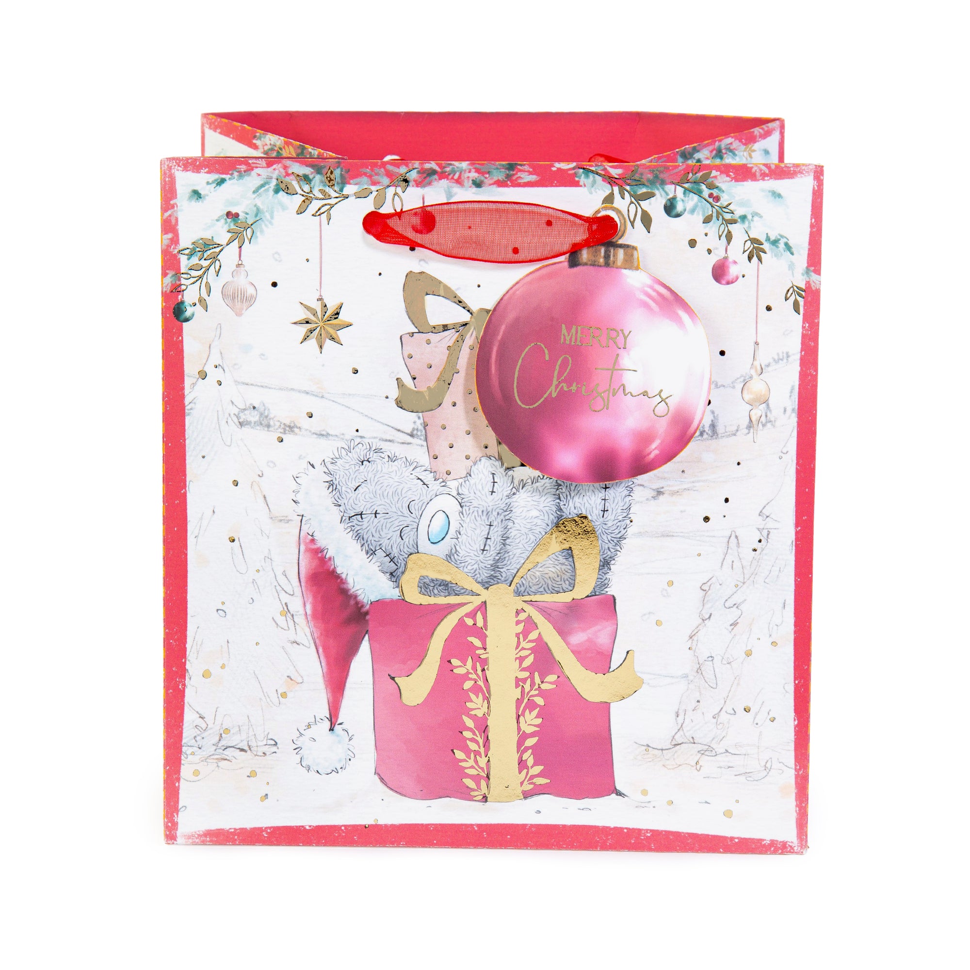 Me To You Tatty Teddy Christmas Small-Sized Gift Bag, With Large Bauble Gift Tag, Featuring Tatty Teddy Bear With Peeks Out From A Beautifully Wrapped Pink Present 15.5 x 16.5 cm - Official Collection