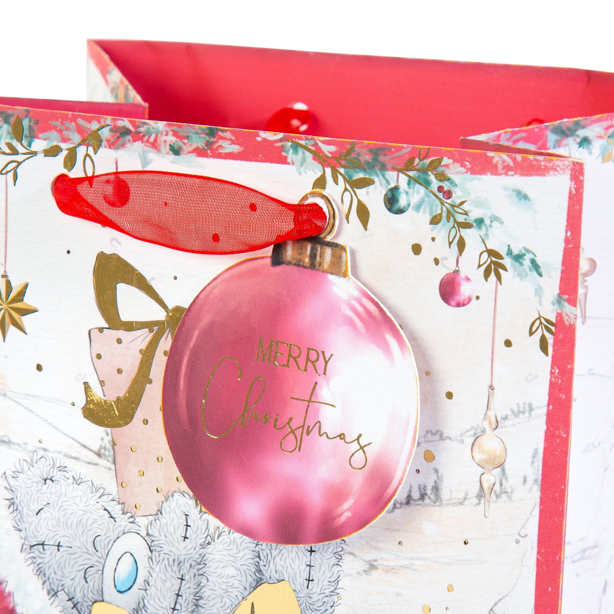 Me To You Tatty Teddy Christmas Small-Sized Gift Bag, With Large Bauble Gift Tag, Featuring Tatty Teddy Bear With Peeks Out From A Beautifully Wrapped Pink Present 15.5 x 16.5 cm - Official Collection
