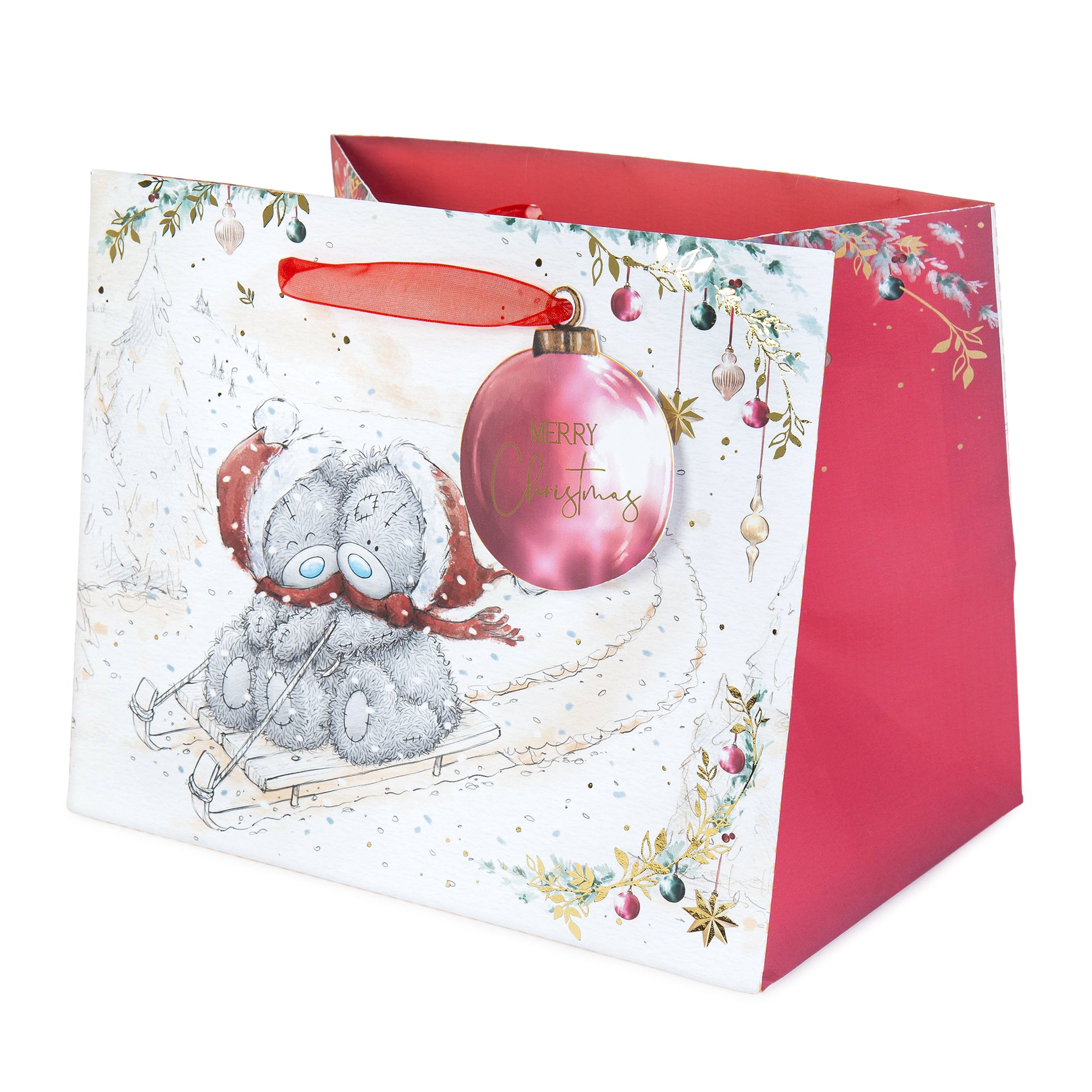 Me To You Tatty Teddy Christmas Medium-Sized Gift Bag, With Large Bauble Gift Tag, Featuring Tatty Teddy Bears Sledging Through The Snow 22.9 x 19 cm - Official Collection
