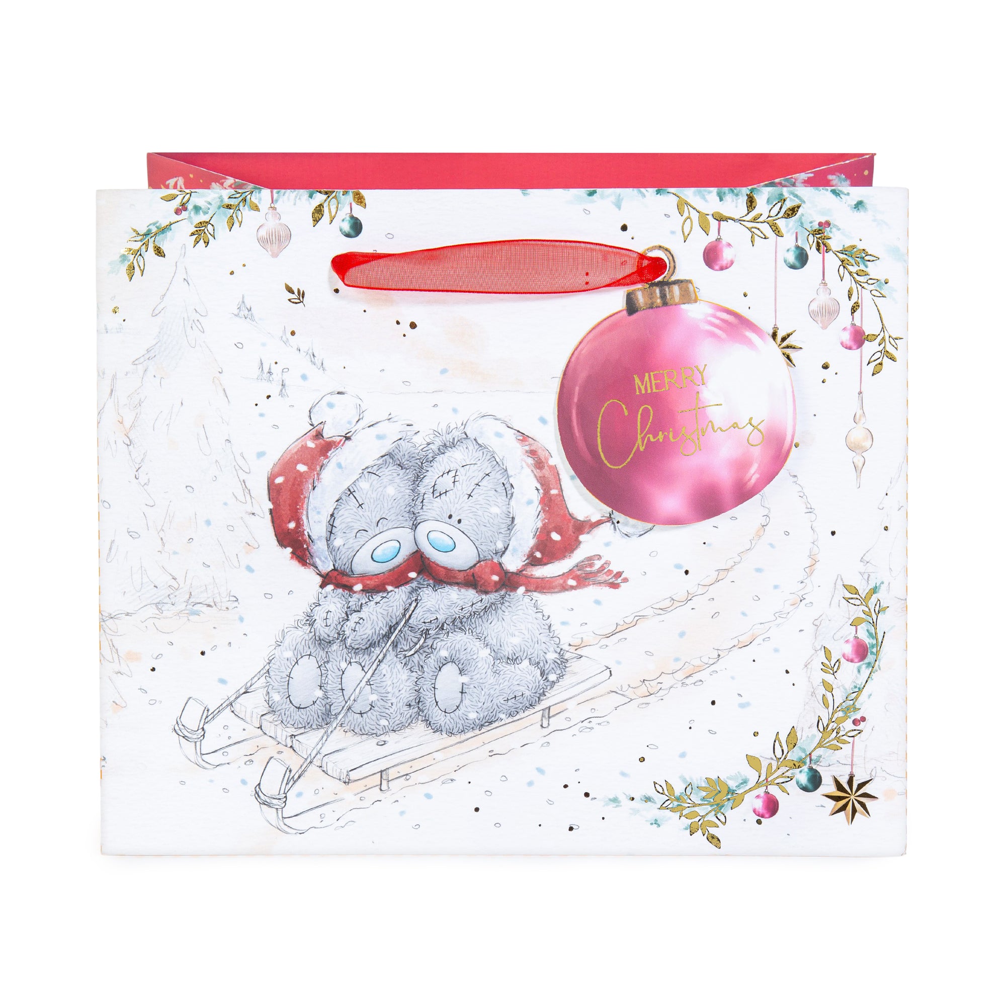 Me To You Tatty Teddy Christmas Medium-Sized Gift Bag, With Large Bauble Gift Tag, Featuring Tatty Teddy Bears Sledging Through The Snow 22.9 x 19 cm - Official Collection