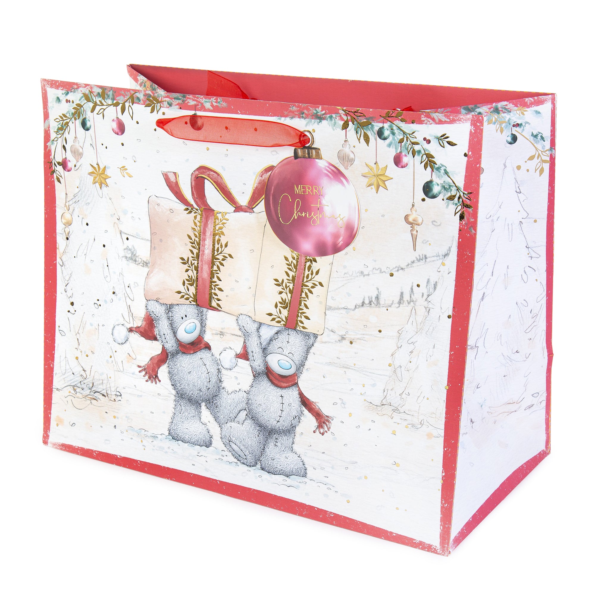 Me To You Tatty Teddy Christmas Large-Sized Gift Bag, With Large Bauble Gift Tag, Featuring Tatty Teddy Bears Carrying a Large Gift 33 x 26.7 cm - Official Collection