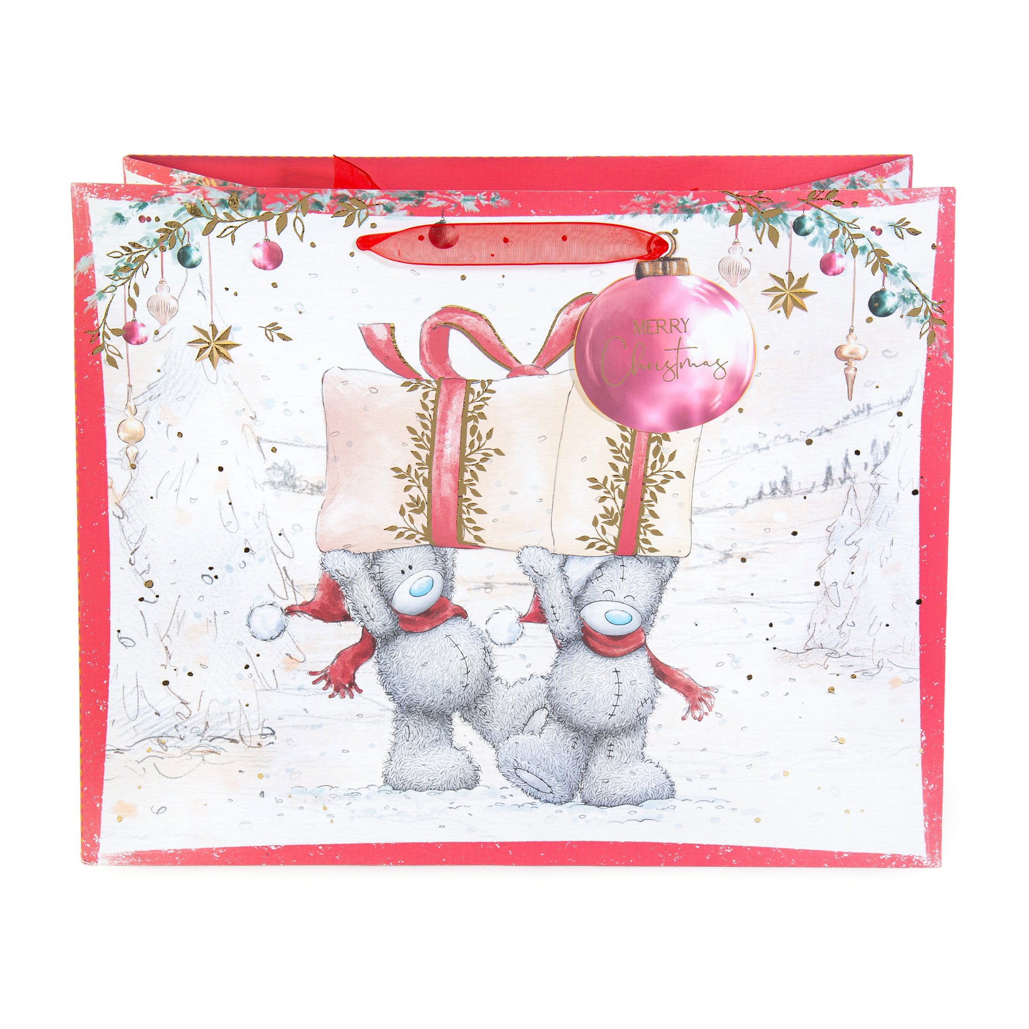Me To You Tatty Teddy Christmas Large-Sized Gift Bag, With Large Bauble Gift Tag, Featuring Tatty Teddy Bears Carrying a Large Gift 33 x 26.7 cm - Official Collection